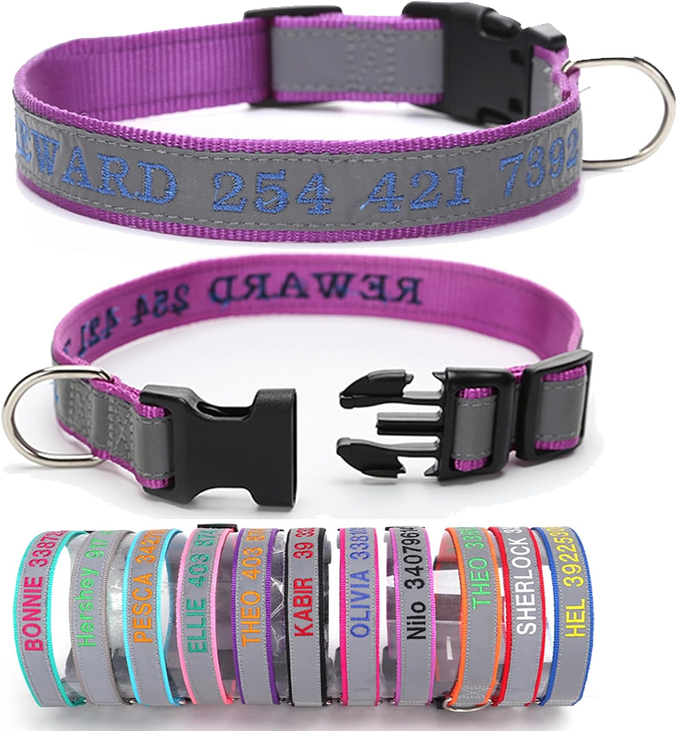 Personalized Embroidered Reflective Dog Collar,Engraved Custom Dog Collar with Name and Phone for Boy & Girl Dogs,Nylon Dog ID Collars, 4 Adjustable Sizes:X M L XL