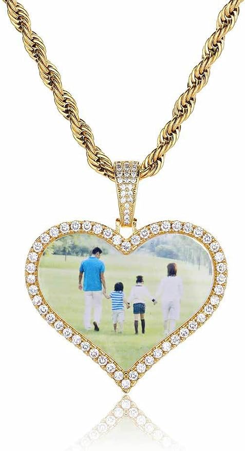 Customized Image Heart shaped Necklace Hip Hop Jewelry Love Photo Pendant Zircon Personalized Necklace Customized Name Men's Gift Pendant Necklace